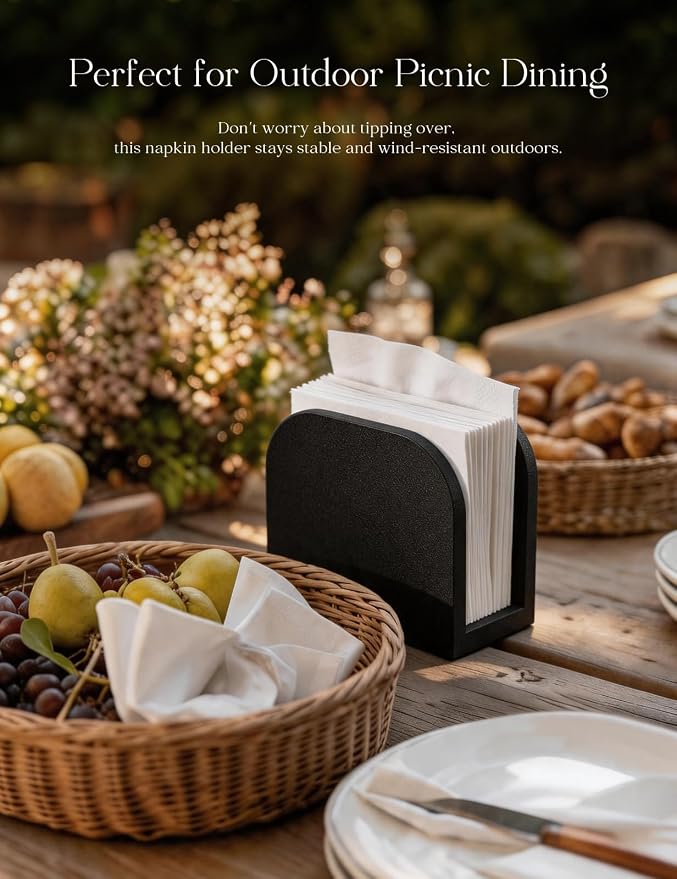 Napkin Holder for Table Stable Standing Napkin Dispenser Natural Bamboo Black - Image 4
