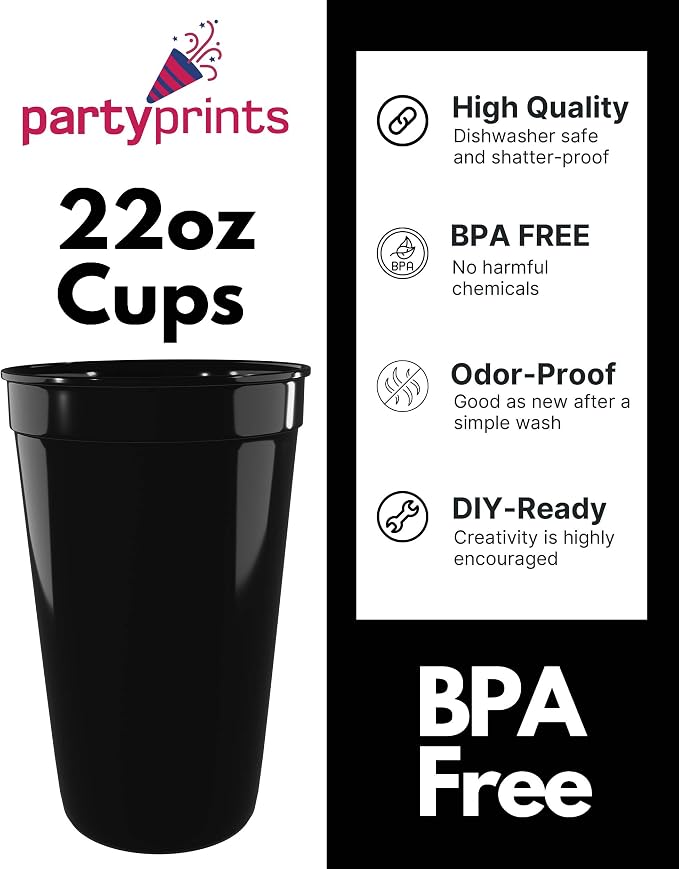 PartyPrints 10 Pack 22 oz Black Reusable Blank Plastic Cups, Colored Plastic - Image 2