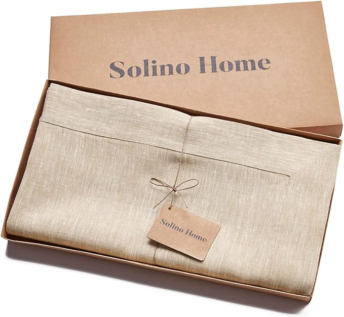 Solino Home Linen Tablecloth 60 x 144 Inch - 100% Pure Linen Champagne Beige Table Cloth for Rectangle Tables - Athena, Machine Washable Tablecloth for Spring, Easter