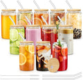 sungwoo 12PCS Glass Cups with Bamboo Lids and Straws, 16OZ Ice Coffee Cup, Drinking Cup set with Wooden Lids, Home Essential Glass Tumblers for Beer, Cocktail, Tea and Latte Clear