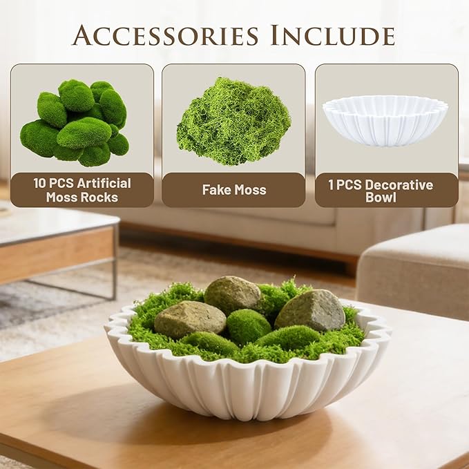 White Decorative Bowl Modern Home Decor - 10.6" Large Resin & Sandstone Centerpiece Bowl for Entryway Table, Coffee Table, Kitchen Counter or Serving Fruit, Keys, Includes 10PCS Artificial Moss Rocks