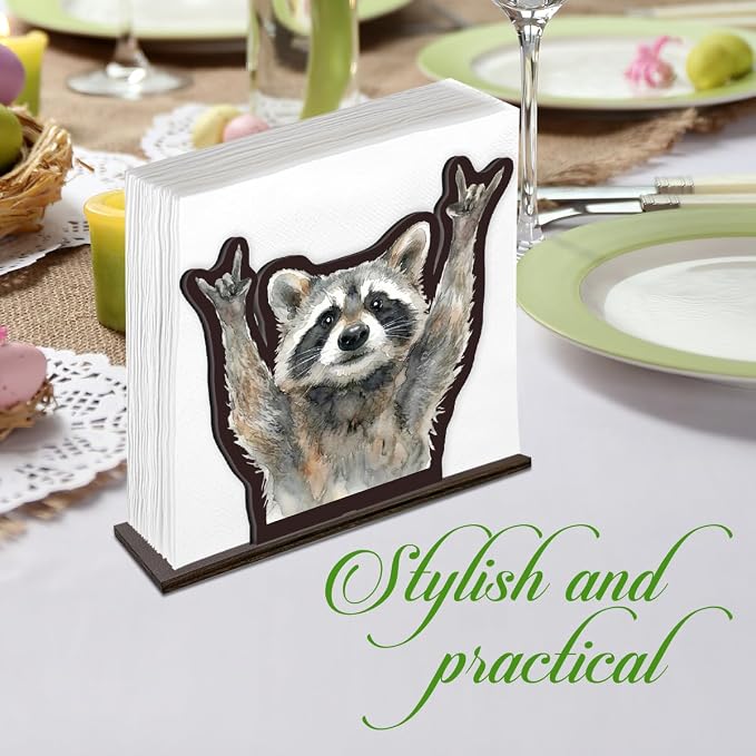 Funny Raccoon Napkin Holder for Table, Cute Raccoon Raising Hands Design Wooden - Image 5