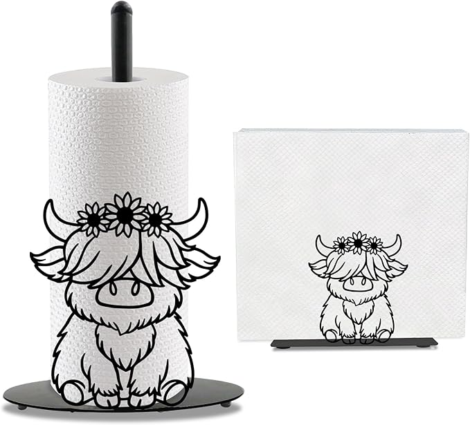 Highland Cow Paper Towel Holder Countertop Kitchen Decor Indoor with Round Base, Iron Rustic Highland Cow Napkin Holder Stand Accessories for Bathroom Kitchen Dining Farmhouse, 2 PCS