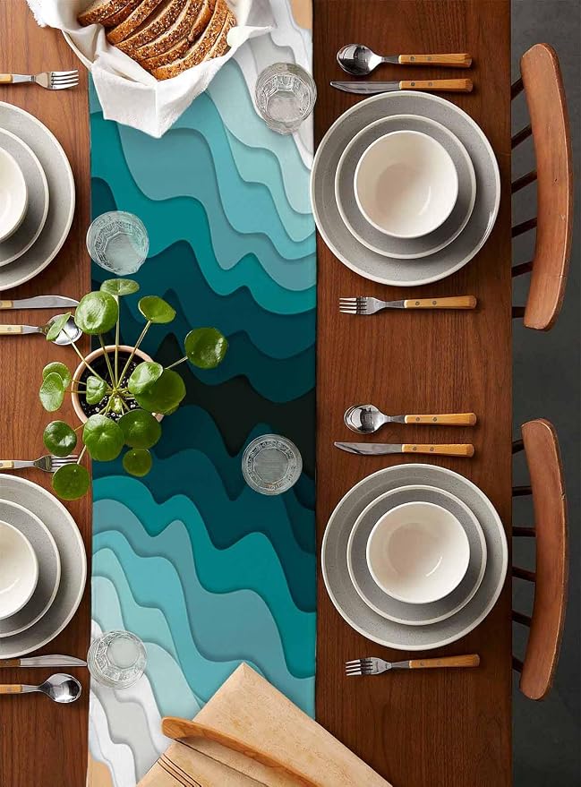 Turquoise Geometric Beach Table Runners 72 Inches Long, Cotton Linen Fabric - Image 5