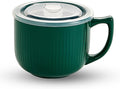 Ceramic Soup Bowl with Handle & Lid, 32oz Microwave Ramen Bowl Forest Green | by Hoilse