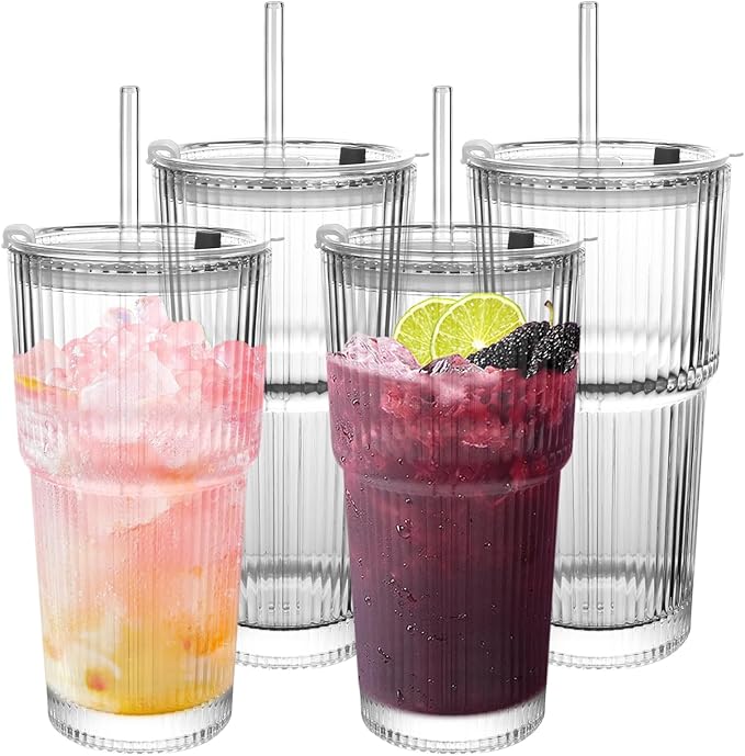 Ribbed Drinking Glasses,with Lids and Straws Glass Cup,19oz Glass cup,4 Pack Old Fashioned Glasses,Thickened for iced coffees,cocktails and juices, perfect for families and parties (4)
