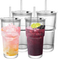 Ribbed Drinking Glasses,with Lids and Straws Glass Cup,19oz Glass cup,4 Pack Old Fashioned Glasses,Thickened for iced coffees,cocktails and juices, perfect for families and parties (4)