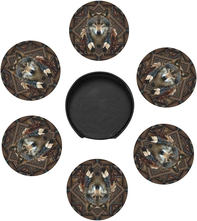 6 Pack Native American Wolf Feathers Leather Coasters - Image 2