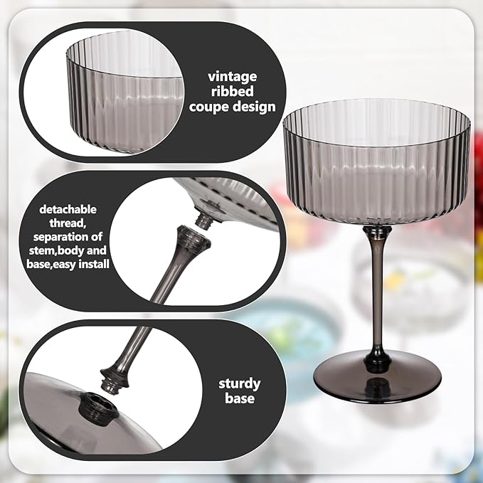 12 Pcs Ribbed Martini Glasses 10 oz Disposable Plastic Vintage Ribbed Coupe Glasses Unbreakable Dessert Parfait Glassware for Wedding Birthday Party Supplies (Black)