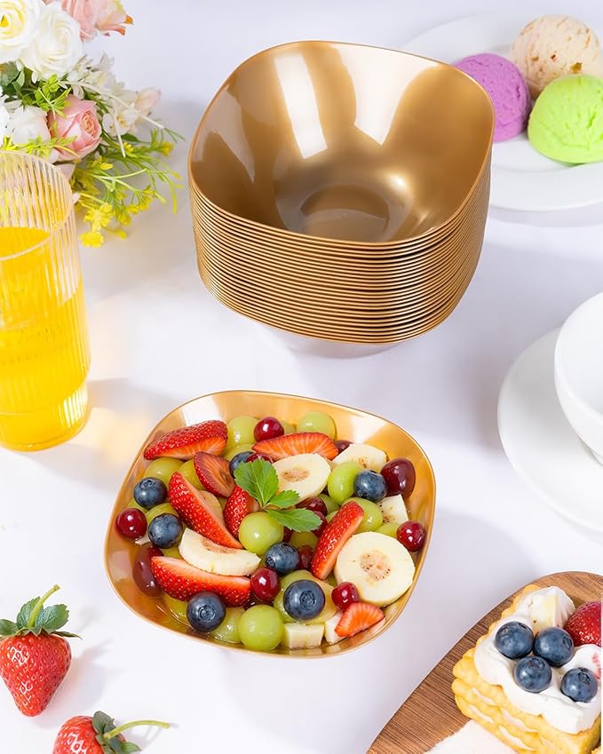 bUCLA 50Pack Gold Plastic Serving Bowls - 16oz Disposable Serving Bowls for Party Dessert/Ice Cream/Salsa/Snack