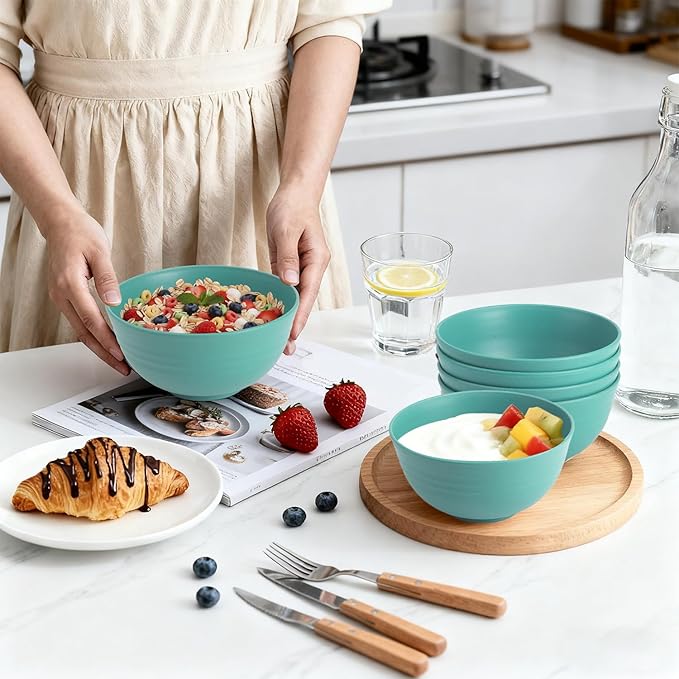 Wheat Straw Bowls Set of 6, 26 OZ Unbreakable Cereal Bowls for Family Meals, Reusable Dishes for Soup, Salad, Snacks, Microwave and Dishwasher Safe, for Kitchen, Camping, RV, Green