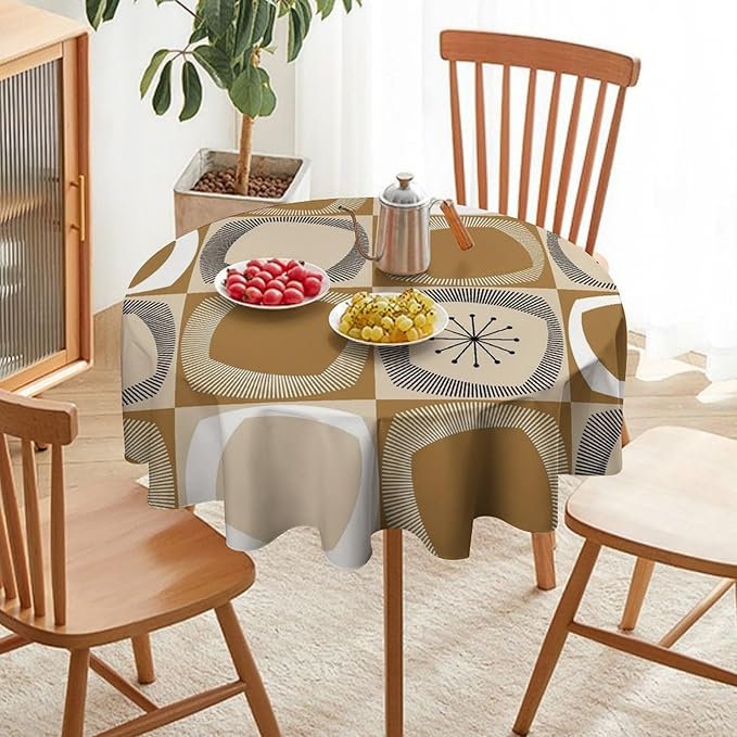 Mid Century Round Tablecloth, Retro Geometric Colorful Squares Abstract Boho Vintage 50s 60s Tablecloth for Home Party Dining Room Kitchen Decor 60Inch(152cm)