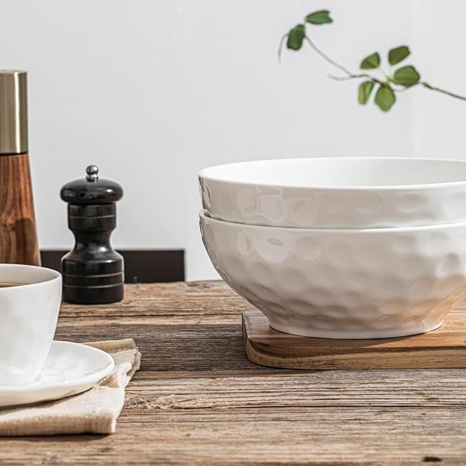 HOMBENE 8 Inch Pasta and Salad Bowls, Serving and Soup Bowl Set, Microwave Safe Ceramic Plates, Set of 2, White
