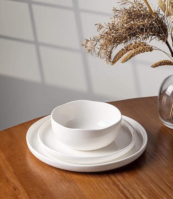 TheTerra Ceramic Dinnerware Sets, Handmade Reactive Glaze Plates and Bowls Set, Scratch Resistant Dish Set, Oven & Microwave & Dishwasher Safe, Bright White