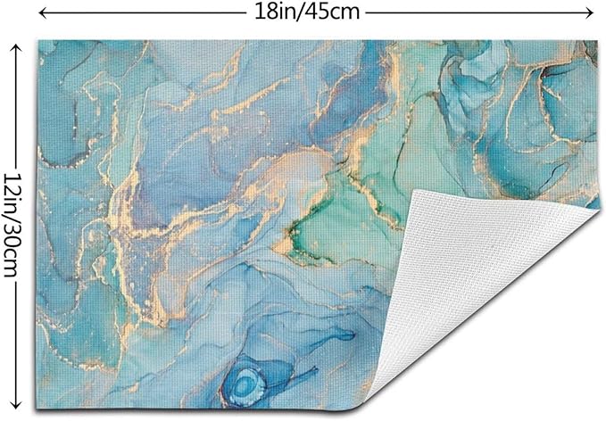 Teal Marble Placemats Set of 4 Turquoise Blue Gold Natural Luxury Abstract Fluid Wipeable Table Mats Reusable Washable PVC Rectangle Place Mats for Kitchen Dining Home Decor 12x18 Inches