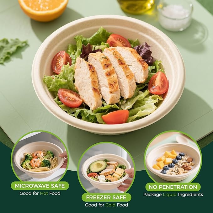 50-Pack 48oz Round Disposable Bowls with Lids - 100% Sugarcane Fiber, Paper Round Bowls for Soup, Salad, Ramen, Popcorn
