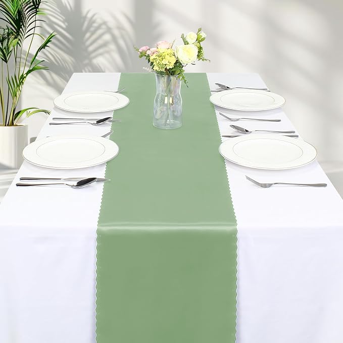 VACVELT Sage Green Satin Table Runners, 12x72 Inch, 2 Pack, Scalloped Edge | - Image 8