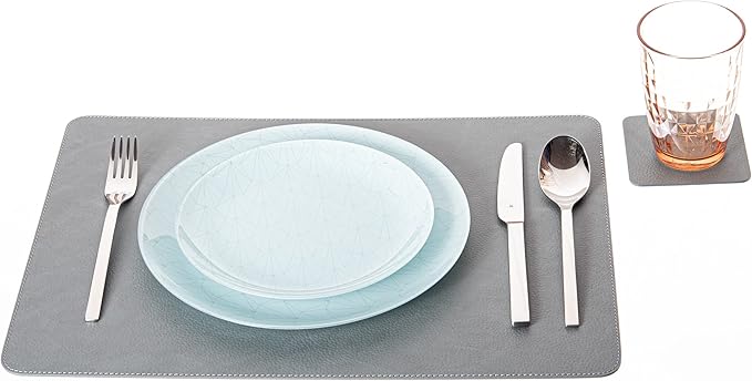 Nikalaz Set of 4 Placemats and 4 Coasters Made of Recycled Leather (18''x13'', Dirty Grey)