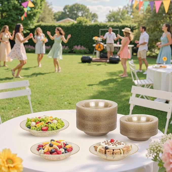 bUCLA 60 Pack Disposable Plastic Bowls 12oz - Clear Gold Glitter Plastic Salad/Dessert/Soup Bowls - Perfect for Party, Wedding & Thanksgiving