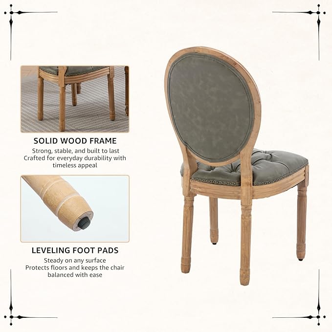 Vintage French Dining Chairs Set of 2, Round Back PU Leather Upholstered Side Chairs with Nailhead Trim and Solid Wood Frame, Sillas de Comedor for Dining Room & Kitchen, Olive Green