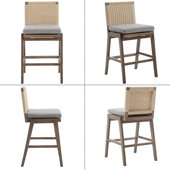 Mid Century Modern Counter Height Barstools Set of 4, 27” Linen Upholstered Counter Stools with Rope Woven Back Wooden Farmhouse Bar Stools for Kitchen Island Dining Room,Grey