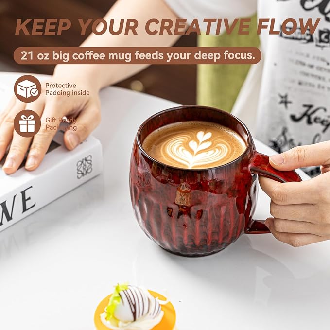 Crimson Surge Ceramic Coffee Mug - 21 oz Unique Reactive Glaze Coffee Cup - Image 3