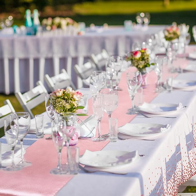 Breling 24 Packs White and Rose Gold Disposable Plastic Tablecloths and Satin Table Runner Set, 54 x 108 Inch Tablecloth, 12 x 108 Inch Table Runners for Wedding Graduation Birthday Baby Shower