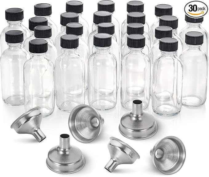 24 Pack, 2 oz Small Clear Glass Bottles w/ Lid & 6 Stainless Steel Funnels - by AOZITA