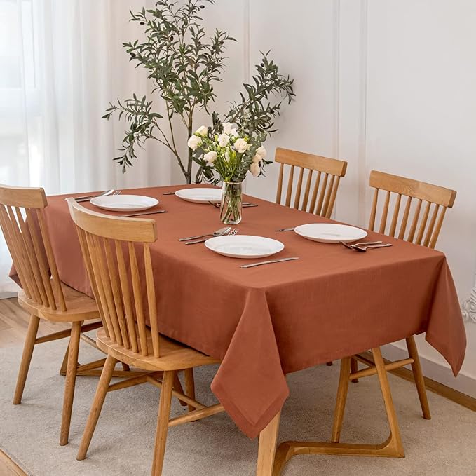 maxmill Lux Faux Linen Tablecloth with Slubby Yarn Textured Weaves Wrinkle Free Soft Table Cloth for Kitchen Dining Tabletop for Fall Harvest Thanksgiving Decorations Rectangle 60 x 84 Inch Rust