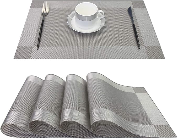 PIGCHCY Placemats Heat-Resistant Non-Slip Table Mats Washable Easy to Clean Woven Vinyl Placemats for Dining Table(Set of 4, Grey)