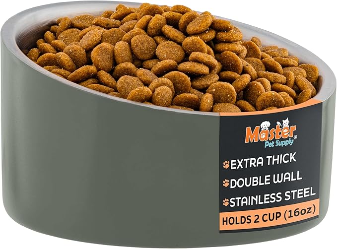 Master Pet Supply Stainless Steel Slanted Dog Cat Food Bowl - 16 oz Heavy Duty - Camo Patrol, Double Wall Insulated, Non-Slip Elevated Bowl for French Bulldogs Pugs Cats, Anti Rust Dishwasher Safe