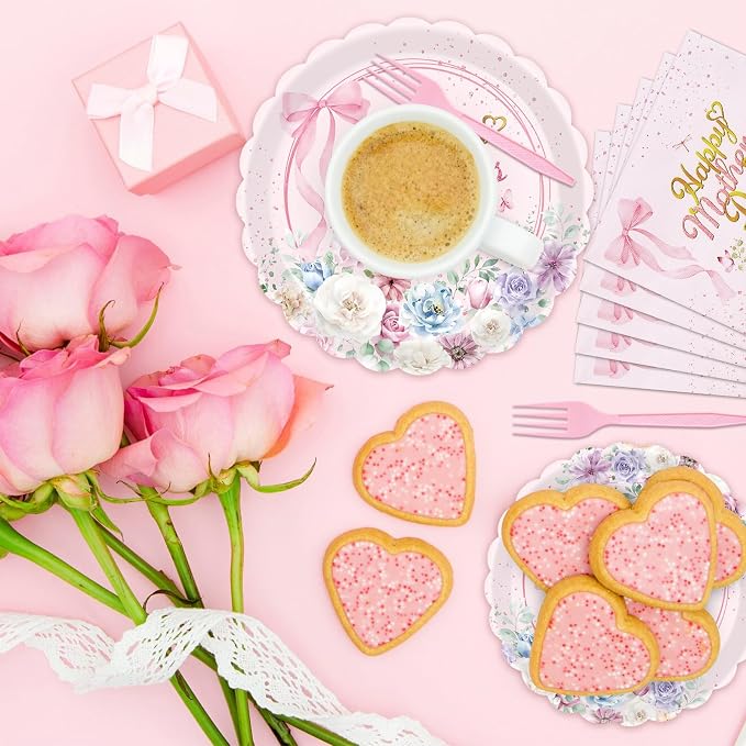 Gistome 96 Pieces Mother’s Day Floral Tableware Set – Pink Scalloped Disposable - Image 6