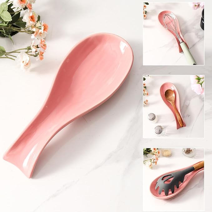 Ceramic Spoon Rest for Stove Top,Large 8.7 Inch Spoon Holder for Kitchen Counter,Porcelain Utensil Rest for Thankgiving and Mother's Day Gift,Dishwasher Safe and Heat-Resistant,Pink(1 PC)