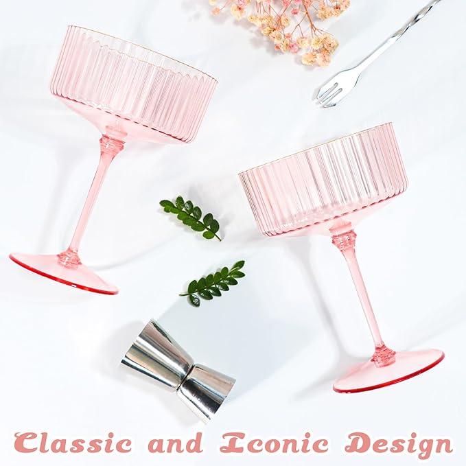 XUWAIDSGN 24 Pcs Champagne Martini Glasses 9 Oz with Gilded Removable Gold Rim Coupe Glasses Pink Martini Glasses Plastic Mimosa Vintage Coupe Glasses Set For Wedding Anniversary (24, Ribbed Pink)