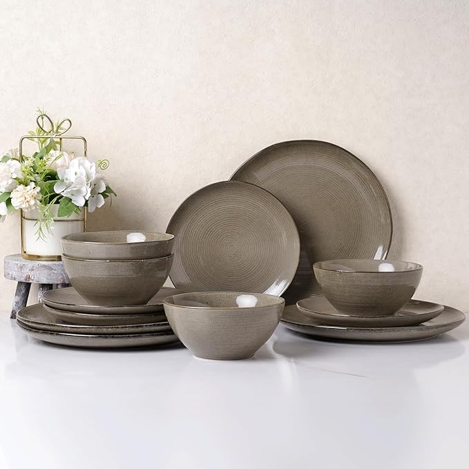 famiware Tempus Plates and Bowls Sets for 8, 24 Pieces Stoneware Dinnerware Sets, Dishes Set, Reactive Glaze Dishware Sets, Dishwasher & Microwave Safe - Dark Olive