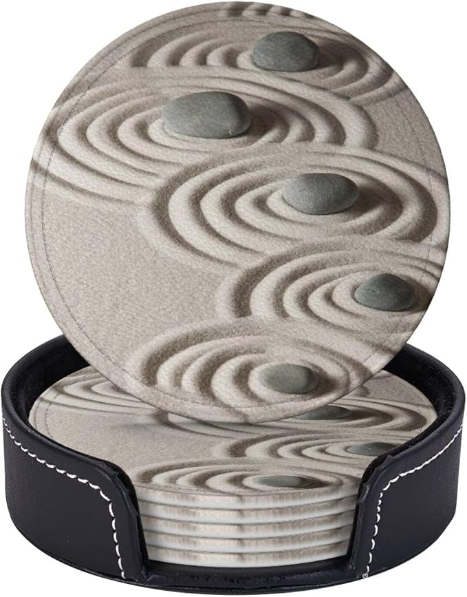 6 Pcs Japanese Zen Garden Meditation Stone Leather Coasters by CAPVKING