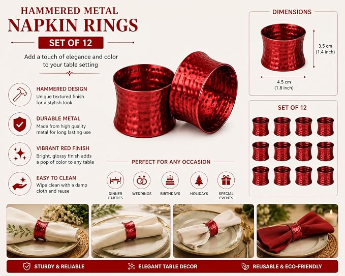 ITOS365 Red Napkin Rings Set of 12, Handmade Hammered Metal Napkin Ring Holders - Image 2