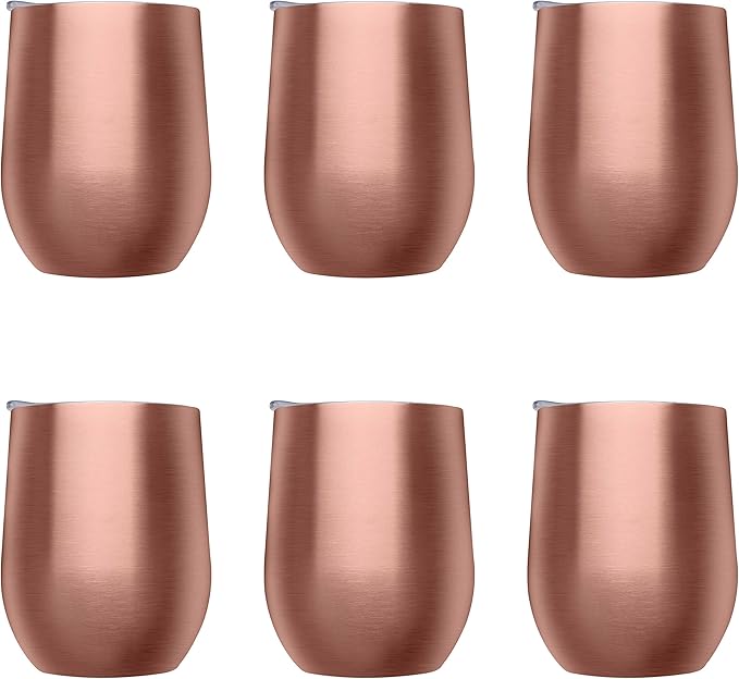 DISCOUNT PROMOS Stemless Wine Glass Tumblers with Lids by Largo 11 oz. Set of 6, Bulk Pack - Perfect for Wine, Cocktails, Other Hot & Cold Beverages - Rose Gold