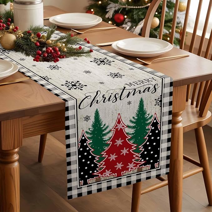 Christmas Trees Table Runner 90 Inches Long, Xmas Snowflake Retro Table Runners - Image 3