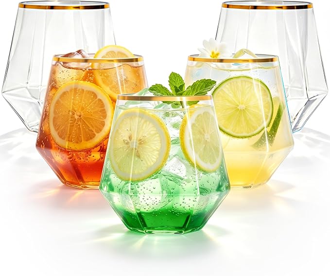 Lullaby 40PCS 12Oz Stemless Plastic Wine Glasses Gold Rim, Diamond Design | by LULLABY