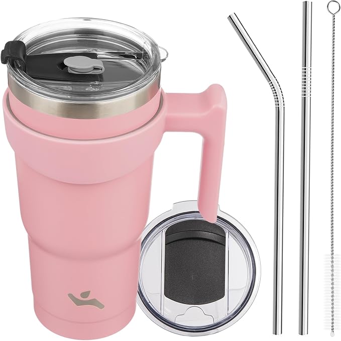 Konokyo 20 oz Tumbler with Handle and Straw, Insulated Travel Mug | Light Pink; by Konokyo