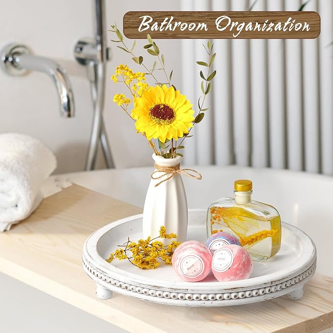 Handmade 12 Inch Decorative Tray, Small Beaded Tray Coffee Table Decor, White Washed Round Wooden Tray for Coffee Table, Dining Room Table Entryway and Living Room