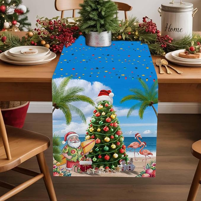 Coastal Christmas Table Runner 120 Inches Long, Xmas Tree Santa Beach Table - Image 2