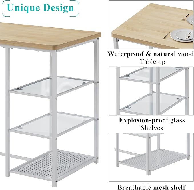 VECELO Small Bar Table and Chairs Set for 2, Upholstered Stools & Glass Storage Shelves, for Kitchen Dining Breakfast Nook, Space-Saving, Natural & White