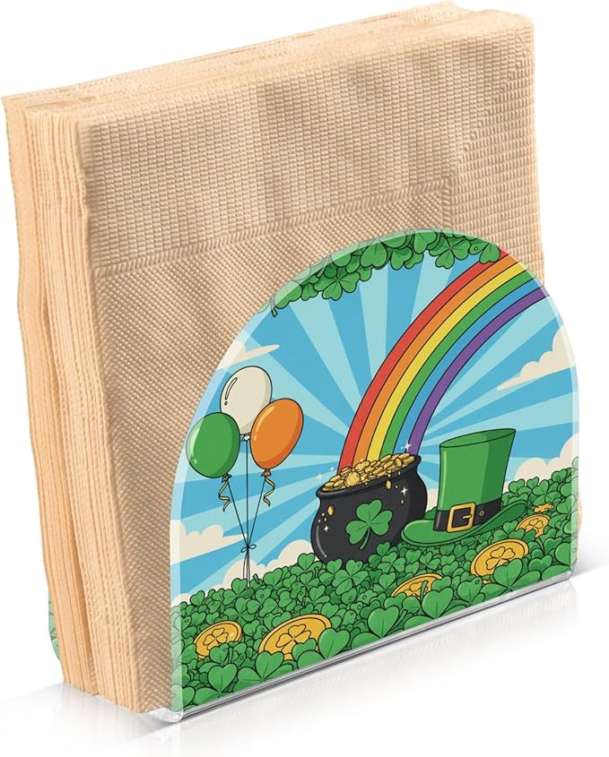 St Patrick's Day Shamrock Field Leprechaun Hat Coins Napkin Holder for Table Kitchen Decor Acrylic Paper Napkin Holders for Tissue Dining Room Indoor Outdoor Party Holiday Accessories