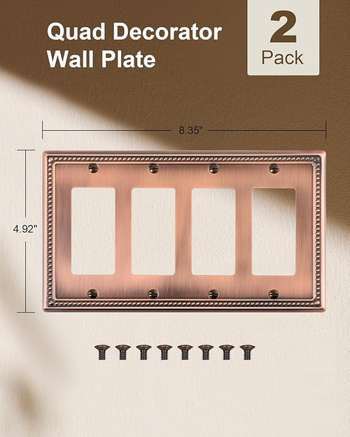 2-Pack Quad Decorator Outlet Cover Plate, Antique Copper Pearls Decorative Switch Plates and Outlet Covers, Metal Wall Plates for Electrical Outlets, Receptacle, GFCI Outlet, Dimmer Switch