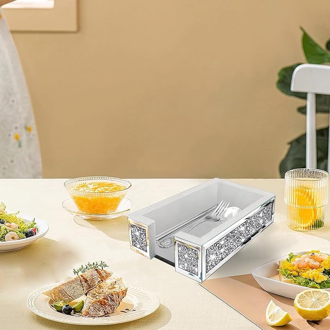 Wocred Mirror Guest Towel Napkin Holder,Crystal Crushed Diamond Dinner Napkin Holder for Dining Table,Rectangle Guest Disposable Towels Tray for Bathroom .(9.4”X5.7”X2.6”)