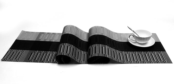 SHACOS Woven Vinyl Table Runner 12 x 54 inch PVC Runner for Dining Table Coffee Table Counter Wipe Clean Indoor Outdoor, Ombre Black and Gray