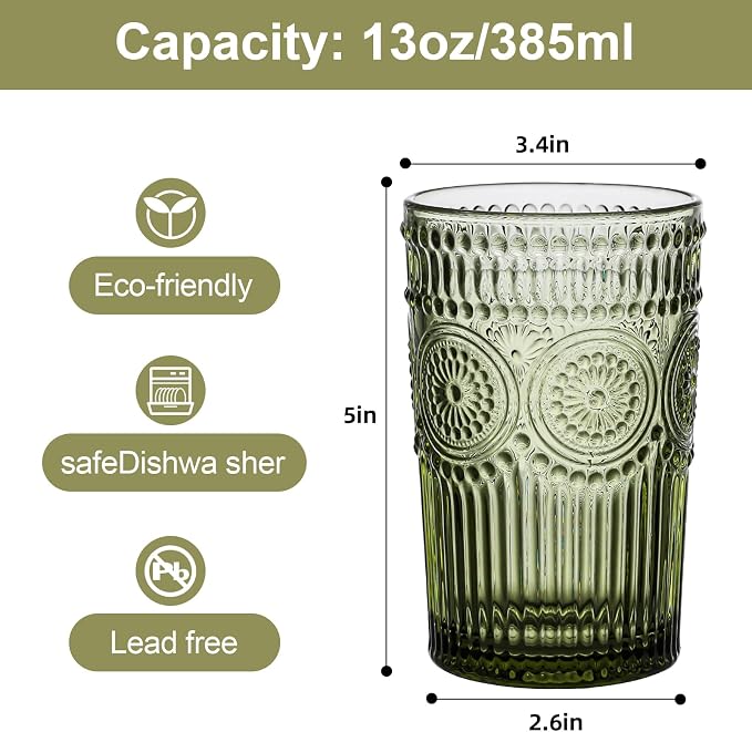ZMOWIPDL Drinking Glasses Set of 6, 13oz Flower Design Green Glass Cups | - Image 2