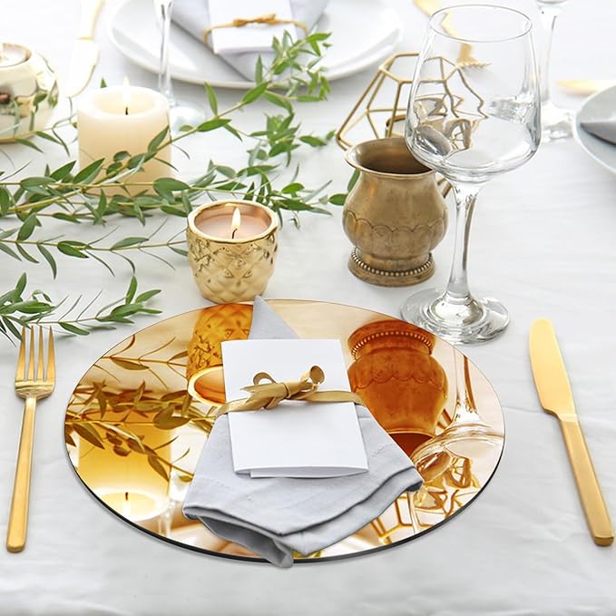 VASUHOME 12" Gold Mirror Centerpieces for Tables, Round Mirror Plates Set for Candle, Wedding, Party Decorations, Circle Mirror Trays with Smooth Edge and Cushioned Feet, 2mm Thick